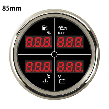 ELING Digital 52mm 85mm Car 4 in 1 Multifunction Gauge with Fuel Level Oil Pressure Water Temp. Voltmeter and 8 Colors Backlight