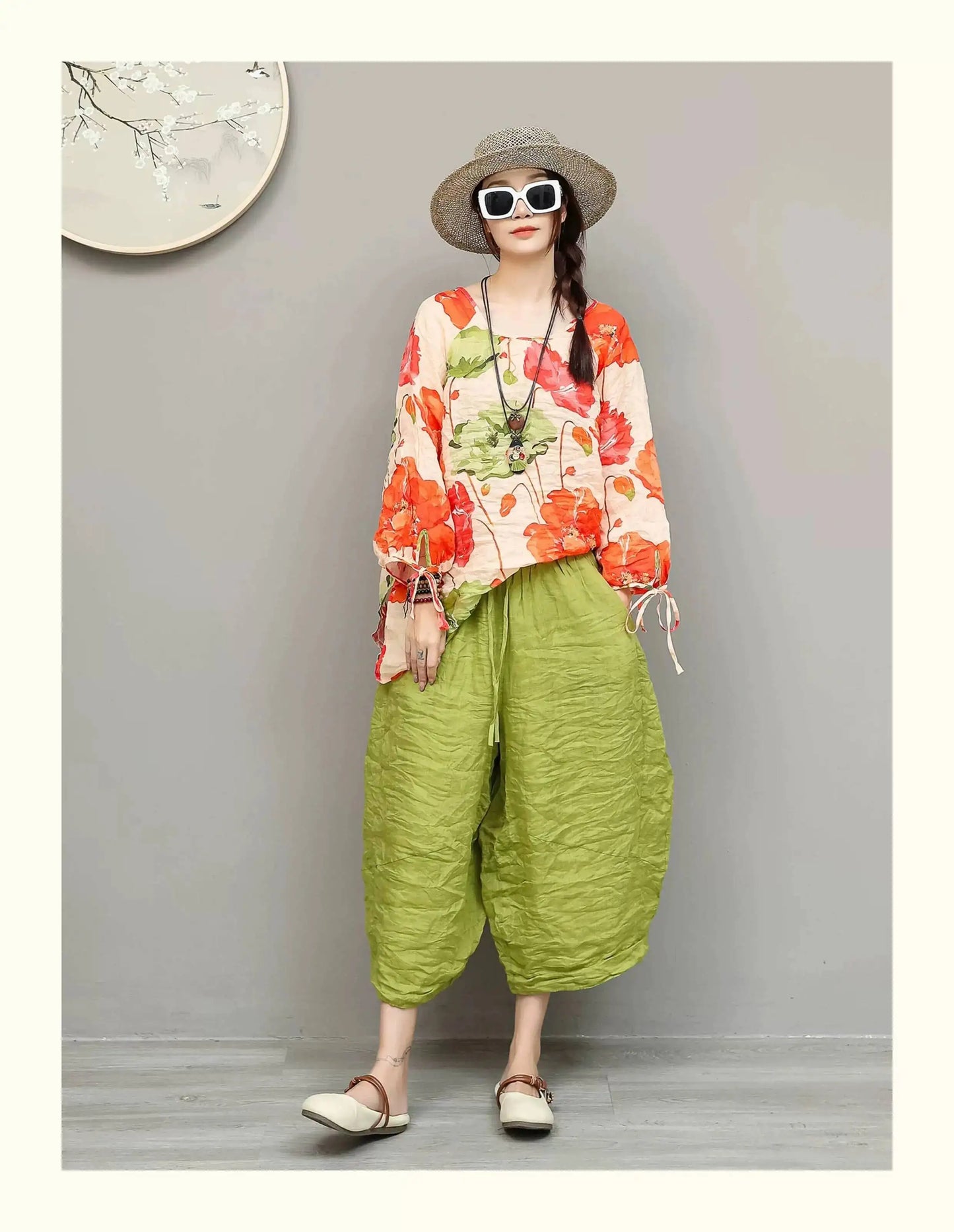 Artistic Ramie Suit Women Summer Floral Tie-up Top + Loose Wide-leg Cropped Pants Two-piece Set XY336