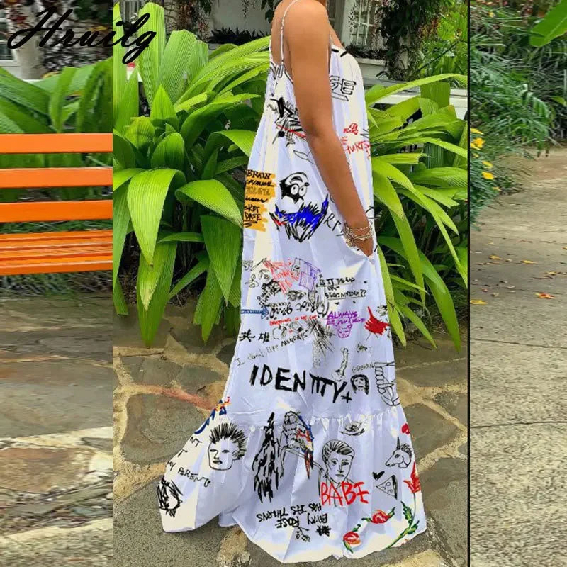 2024 Sexy Summer Dress Women Print Spaghetti Strap Sleeveless Maxi Dress Fashion Pocket Loose Slip Dress Sukienki Letnie