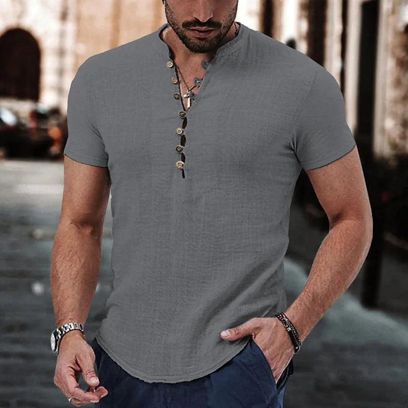 Men's Short Sleeve Linen Shirt Summer Lightweight Casual V-Neck T-Shirt Men Basic Solid Color Loose Fit Top