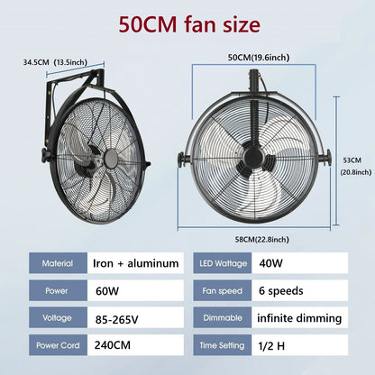 Modern Wall Fan Remote Control 6 Speed Electric Fan Ventilation Multi-Adjustable Oscillating Head Timer LED Ceiling Fan Light