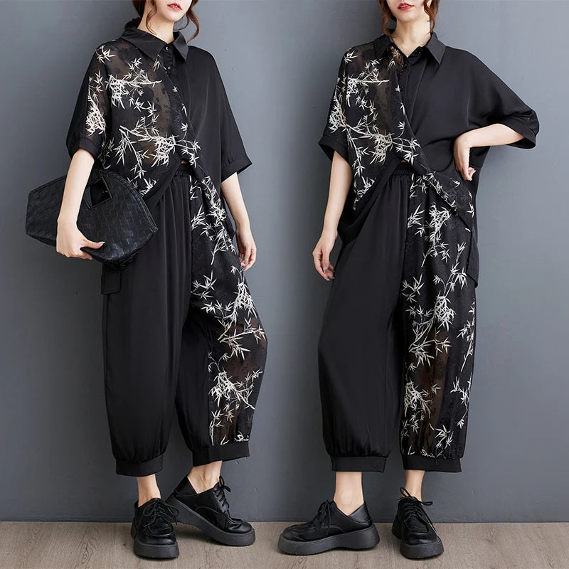 Summer New Loose Artistic Bamboo Print Cross Irregular irt Wide Leg Pants Two Piece Set Good Quali plus Size Faionable