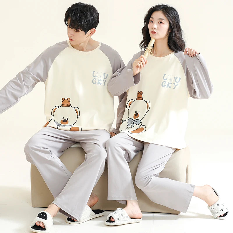 2023 New Cartoon Cute Pajamas Set for Couples Cotton Long Sleeves Sleep Top & Long Pant Spring Nightwear for Men and Women Pjs
