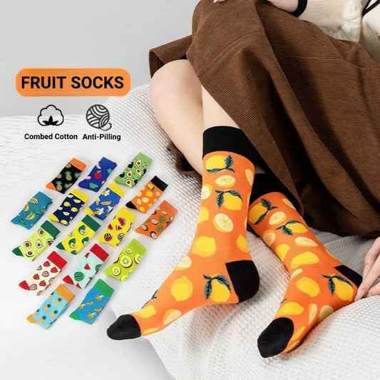 5 Pairs Fruit Print Socks Mid-Calf Funny Food Design Pineapple Watermelon Cotton Socks for Men Women Couple EU 37-45 US 6-12