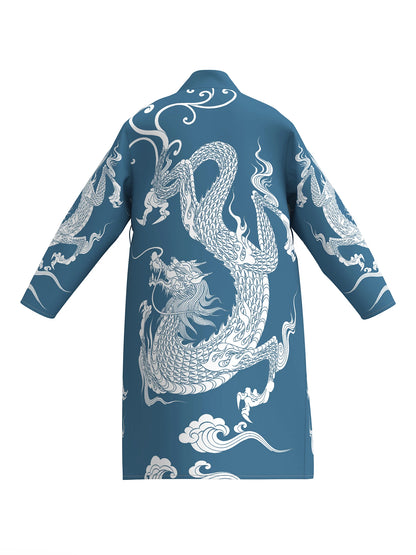 2025 Spring and Autumn New Men's Sleeping Robe Blue Dragon Totem Home Bathrobe Casual Long Sleeve Pajama Sleepwear Nightgown