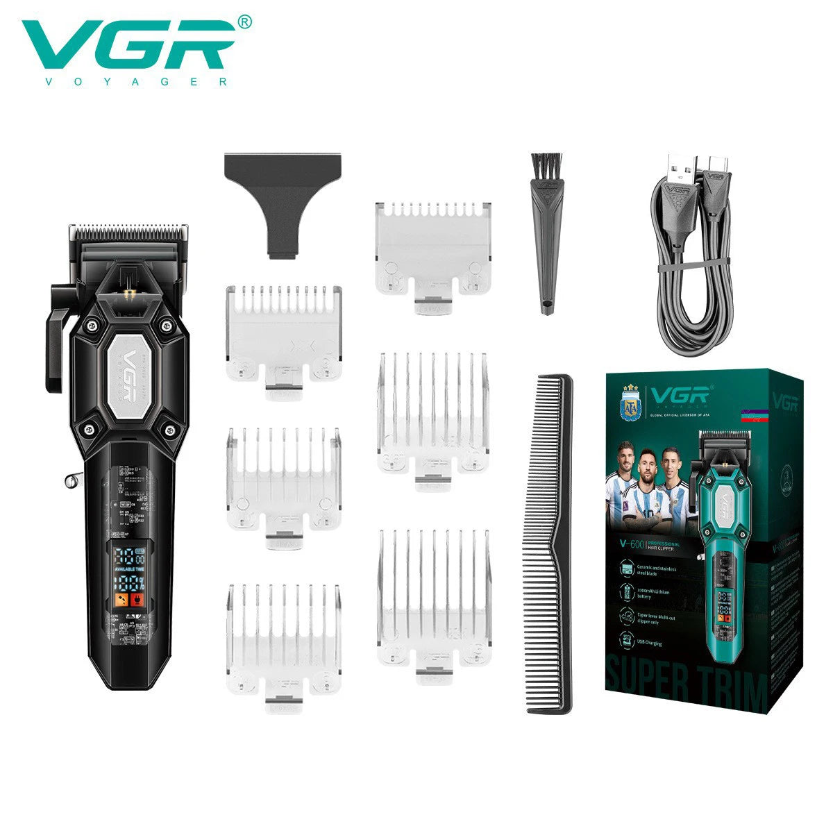 VGR V-600/V-900 Electric Hair Clipper Transparent Body Hair Trimmer LED Intelligent Digital Carving Electric Thruster Care Set