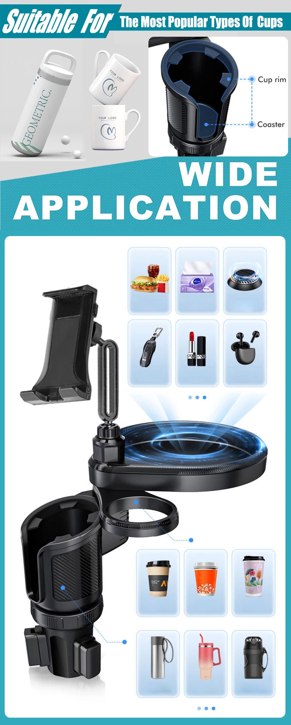 New Car Cup Holder Tray Adjustable with Phone Holder Tablet Tray Table 2 Cup Holders Road Trip & Car Traveling Essential Gadget