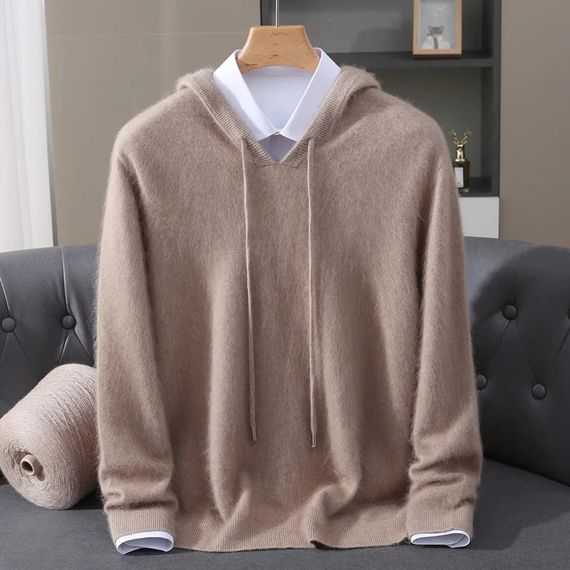 Autumn And Winter New 100% Pure Mink Wool Men Hooded Sweater Solid Color Knitted Sweater Loose Bottoming Leisure