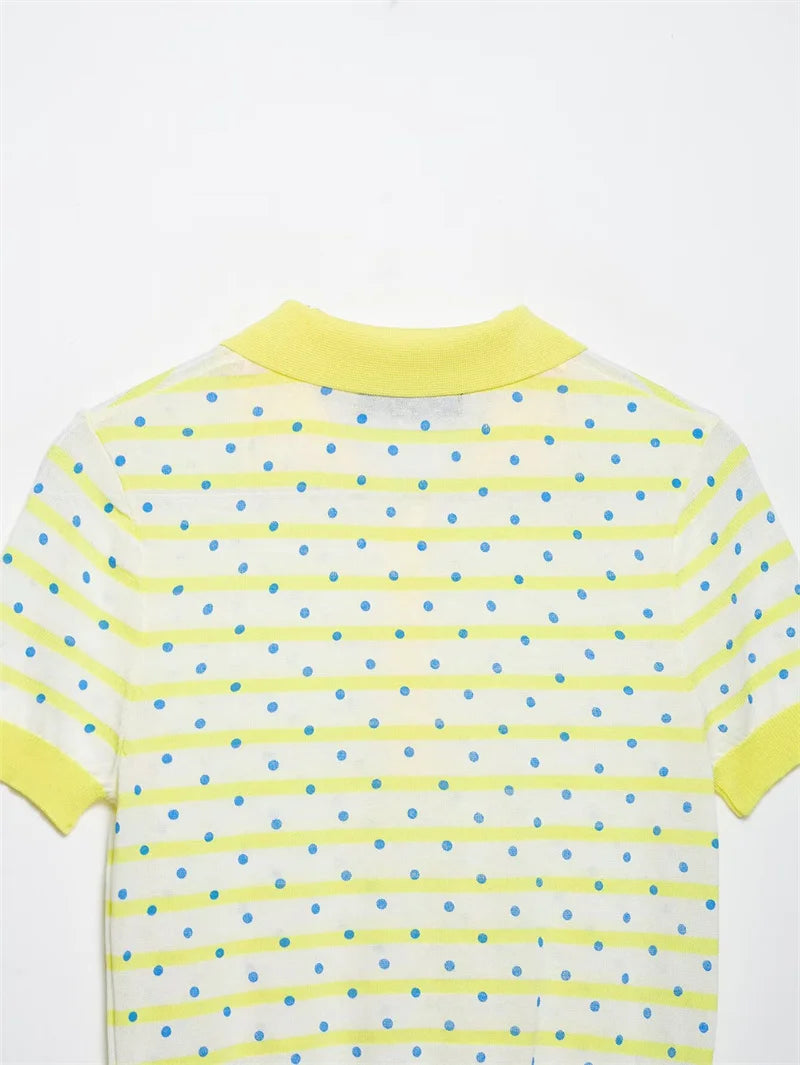 Women's Top 2026 New Fashion Summer Polka Dot Striped Knit Top Elegant Chic Vacation Style Ladies Top