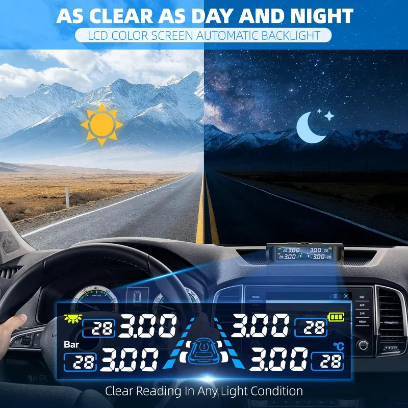 YNF Tire Pressure Monitor: 4 external sensors compatible Real-time tire pressure Temperature monitoring Non-destructive installa