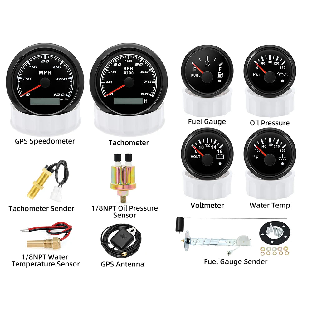 6 Gauge Set Tachometer Fuel Level Oil Pressure Water Temp Voltmeter GPS Speedometer With Sensors For Marine Car Boat Customized