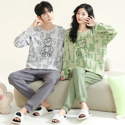 2023 New Cartoon Cute Pajamas Set for Couples Cotton Long Sleeves Sleep Top & Long Pant Spring Nightwear for Men and Women Pjs