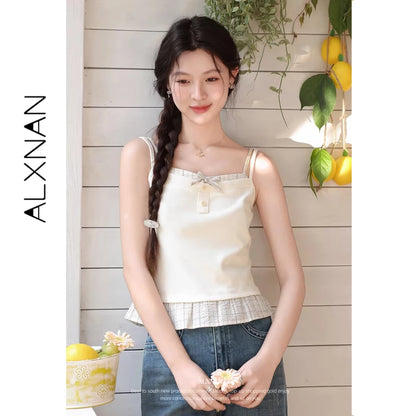 ALXNAN Cream Yellow Plaid Spliced Camisole Women 2026 Summer Elegant Sweet Beach Sleeveless Tops Casual Bow Design Camis L62323