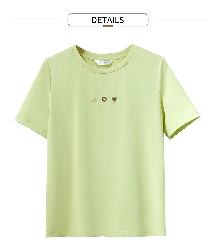 Amii Minimalist T-shirt Women's Tops O-neck Short Sleeves Geometric Decoration Antibacterial Cotton Elastic Casual Tees 12521088