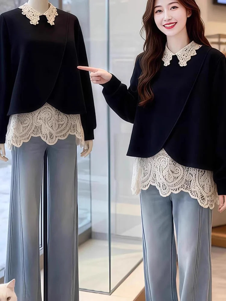 plus Size Lace Splice Loose Fit Sweatshirt Women's Fake Two-Piece Style Autumn Winter New Arrival Korean Commute Fashion