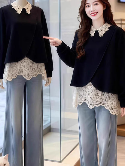 plus Size Lace Splice Loose Fit Sweatshirt Women's Fake Two-Piece Style Autumn Winter New Arrival Korean Commute Fashion