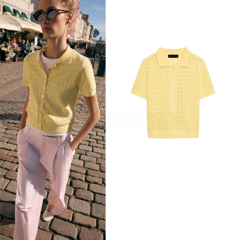 Spring Summer New Lazy Style Women's Knitted Short Sleeve  Shirt Collar Casual Outerwear Classic Pattern Loose Fit Polyes...
