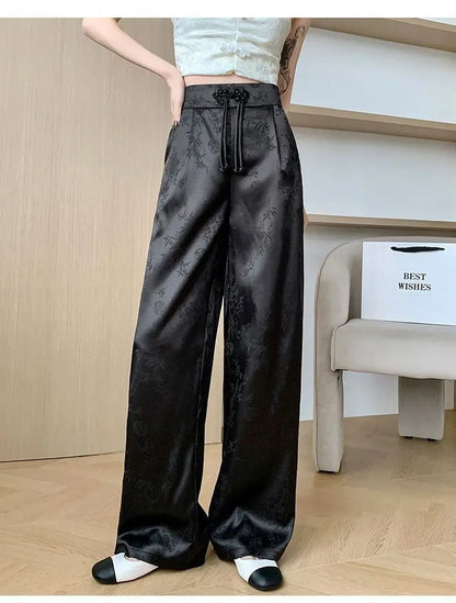 High Waist Loose Straight Pants with Button Knot Pocket New Chinese Style Satin Wide Leg Pants Spring Summer Trousers Pink Black