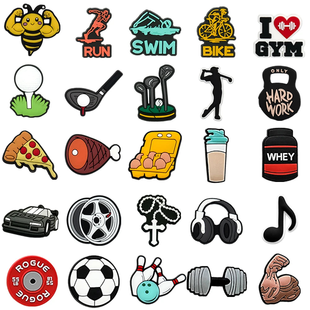 1/25PCS Sport & Gym PVC Shoe Charms for Clogs, Dumbbell, Run, Bike DIY Accessories for Men & Teens Fashion Clog Buckle Pendants