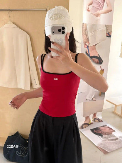 Summer New Pure Desire Letter Print Splice Strap Vest Slimming Color Block One-Piece Women's Vest with Chest Pad U-Neck Nylon
