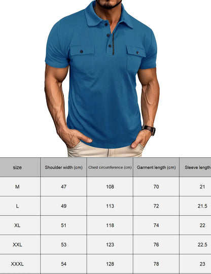 Summer Men's Short-Sleeve Polo Shirt Casual Solid Color Turn-Down Collar T-Shirt Pullover Top Henley Shirt with Pockets