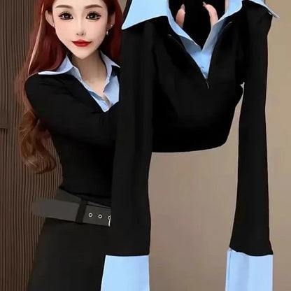 Spring Autumn 2026 Women's Slim Fit V Neck Bell Sleeve Shirt Color Block Waist Cinched False Two Piece Style Fashionable Offi...