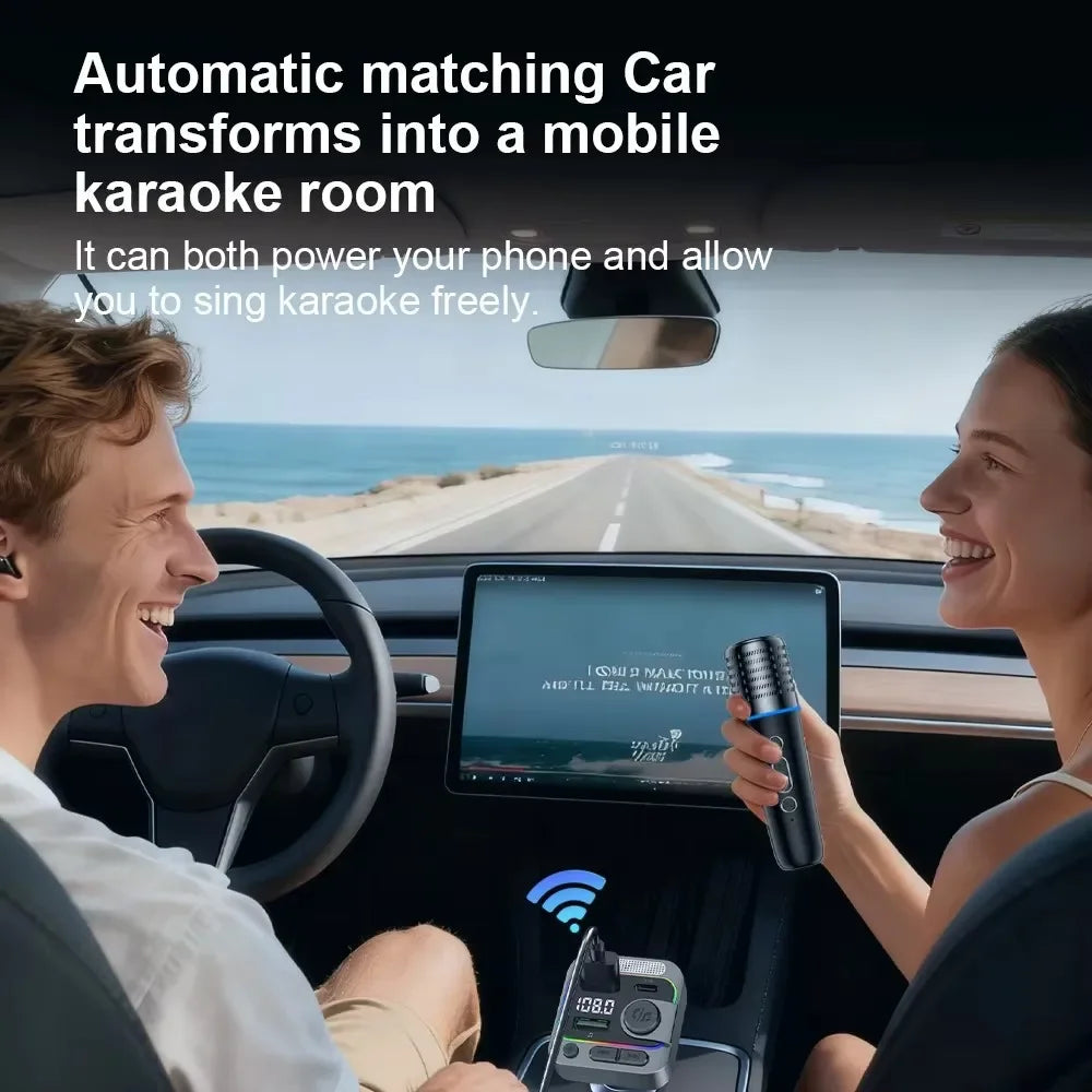 Bluetooth 5.3 Car FM Transmitter Type-C Dual USB Charging Car Audio MP3 Player Hands Free Calling with Karaoke Car Microphones
