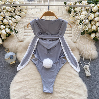 Cute Gray Rabbit Ear Hood Top Sexy Backless Slim Fit Bodysuit Zip Sleeveless Women Sexy Erotic Lingerie Bunny Cosplay Playsuit