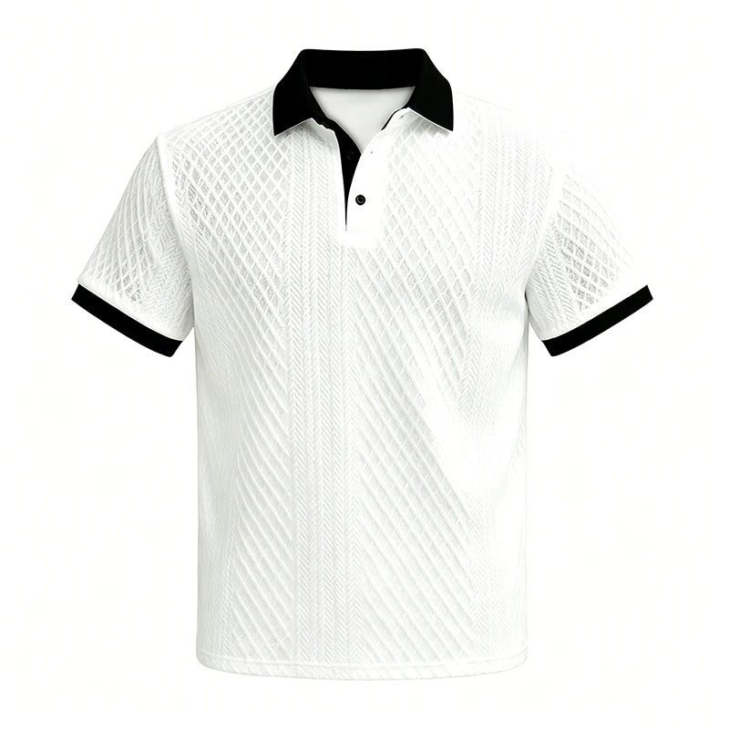 2026 Summer Men's Jacquard Knit Polo Shirt Contrast Collar Short Sleeve Loose Fit Soft Breathable Casual Sport Daily Wear Tops