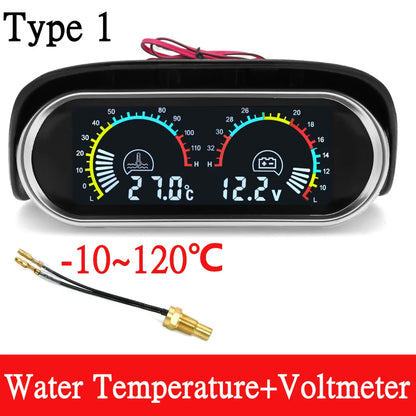 12V/24V 2 IN 1 Car Truck LCD Gauge Water Temperature Gauges +Voltmeter With 1/8 NPT Temp Sensor Water Temp Meter for Auto Cars