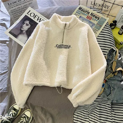 Autumn Winter Fleece Lined Half Zip up Stand Collar Sweatshirt Women's Loose Short Style Lamb Velvet Student Top Coat