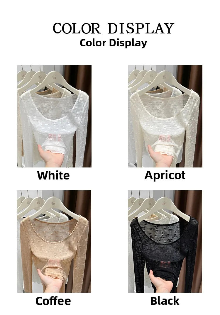 Sexy Lace Base Shirt Inner Wear Light Mesh Top Floral Trim Shoulder Exposure Thin Nylon Fabric Long Sleeve round Neck Spring ...