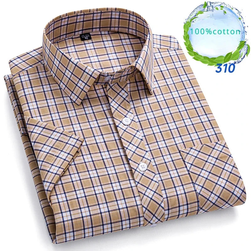 New in Shirt Over Size 100% Cotton Thin Summer Short Sleeve Shirts for Men Slim Fit Plain Shirt Plaid Soft Korean Popular Clothe