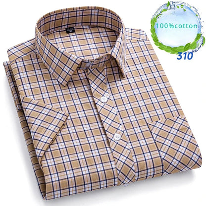 New in Shirt Over Size 100% Cotton Thin Summer Short Sleeve Shirts for Men Slim Fit Plain Shirt Plaid Soft Korean Popular Clothe