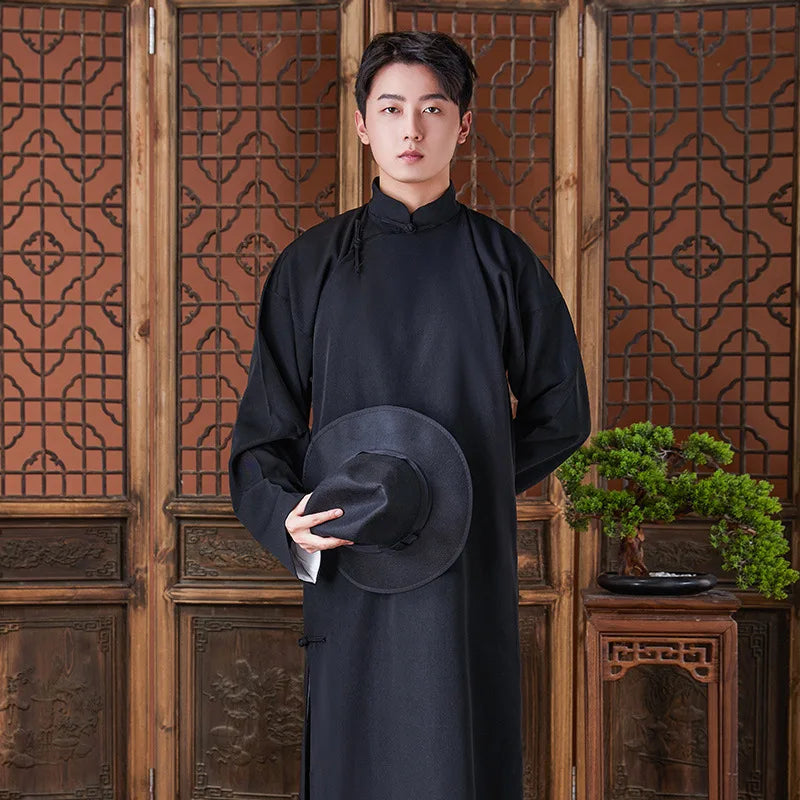 Men's Long Shirt Traditional Chinese Style Retro Fashion No Ironing Required  Groomsmen Suit Thin Shawl Collar