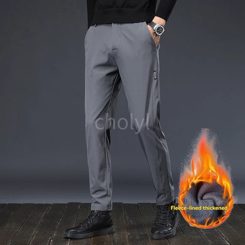 Winter Fleece Golf Casual Pants Men Business Slim Stretch Jogger Thick Trousers Korean Classic Elastic Waist Velvet Male Pants