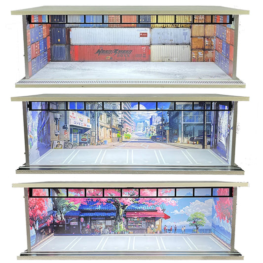 1/64 Scale Diecast Car Garage Diorama Model Miniature Case LED Light Parking Garage Diorama Kit for Collectible Cars Model