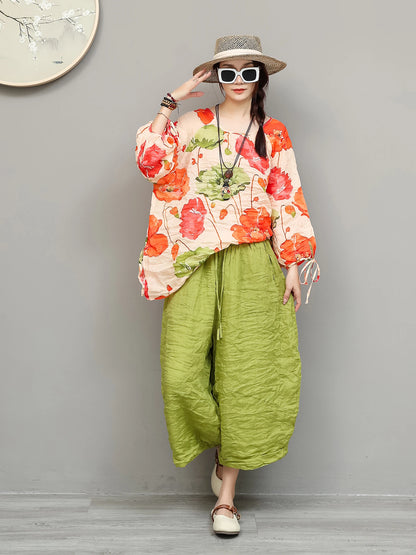 Artistic Ramie Suit Women Summer Floral Tie-up Top + Loose Wide-leg Cropped Pants Two-piece Set XY336