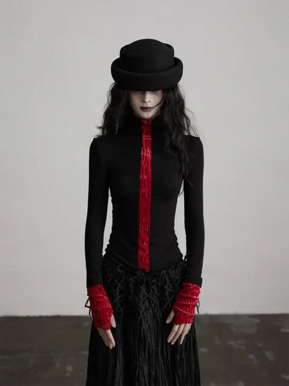Erwofeina Gothic Patchwork Women's T-shirt Black Long Sleeve Turtleneck Slim 2000s Clothes Y2k Tees Female Clothing Autumn Tops