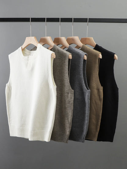 DUKEEN Classic Men's Sleeveless Sweater Vest Autumn Winter Solid Color Preppy Pullover Vest Business Casual Split Neck Knitwear