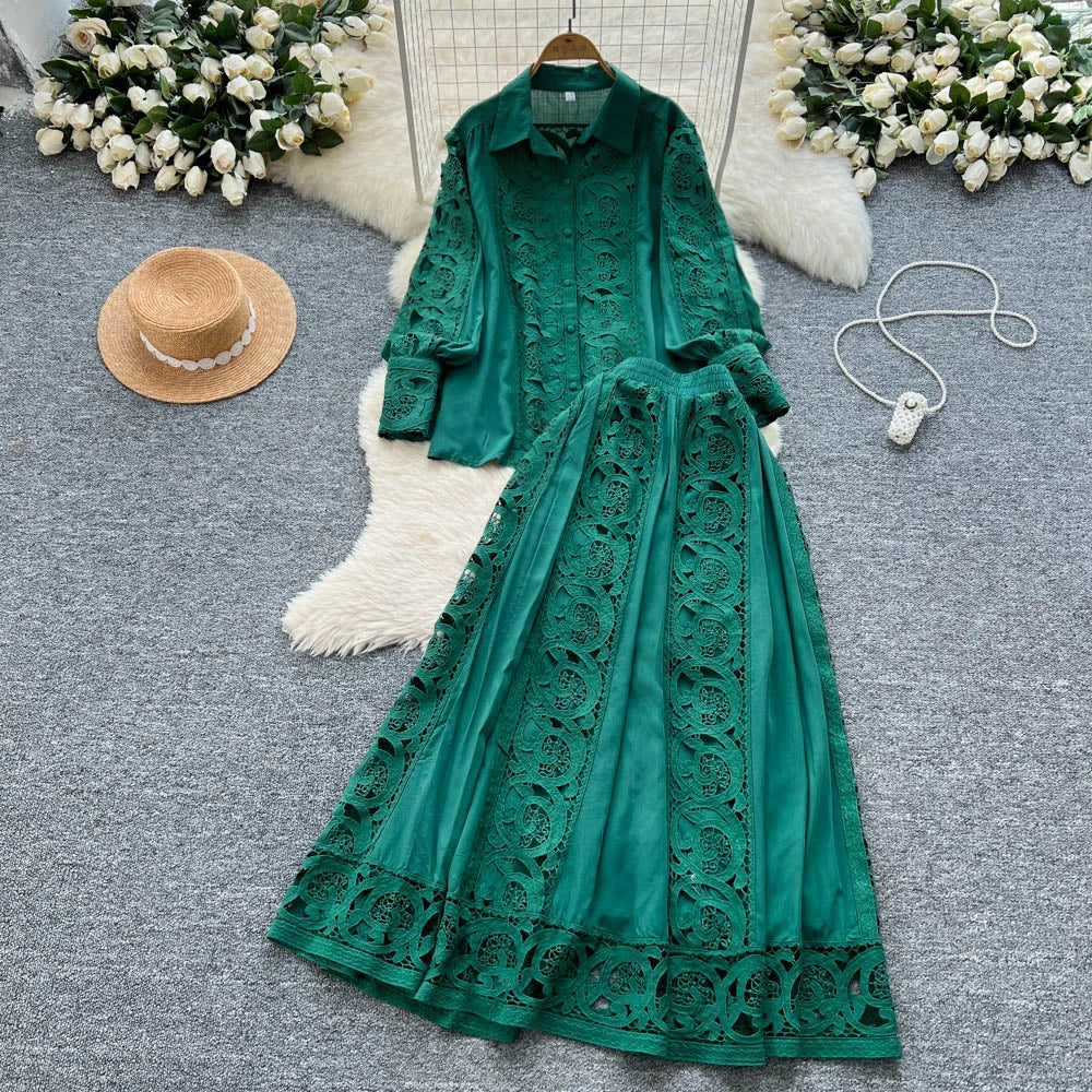 Elegant Lace Hollow out Long Sleeve Shirt And High Waist Half Skirt Two Piece Set for Women Fashionable And Stylish Ensemble