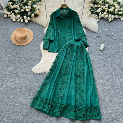 Elegant Lace Hollow out Long Sleeve Shirt And High Waist Half Skirt Two Piece Set for Women Fashionable And Stylish Ensemble
