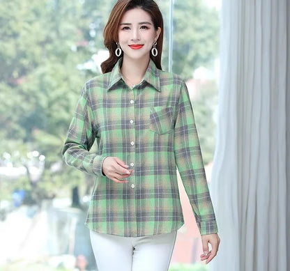 Loose Long Sleeve Mom Shirt Women's New Style Slimming Age-Defying Outerwear Versatile Early Autumn Plaid Outfit  Collar
