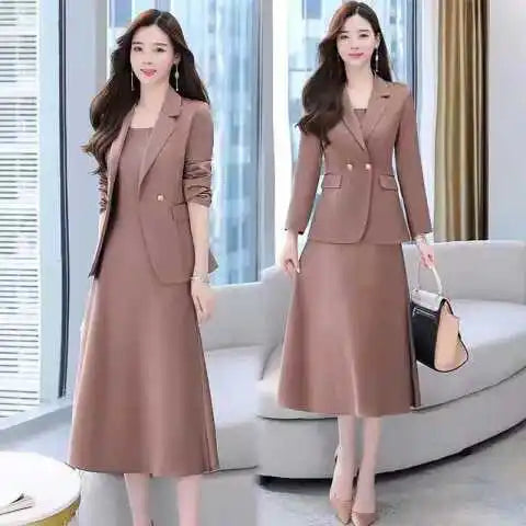 plus Size Women's Dress Suit Set Sleeveless Long Dress with Jacket Autumn Fashion Slimming Two-Piece Set High Waist Korean Style