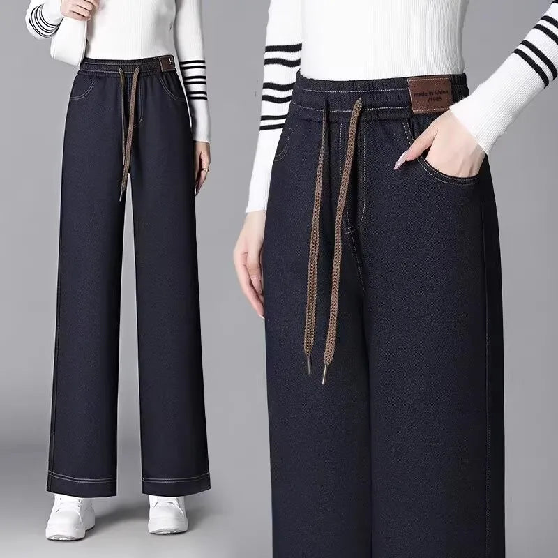 High Waist Thickened Fleece Lined Wide Leg Jeans Women's Casual Straight Cut Trousers Autumn Winter New Style Slimming Effect