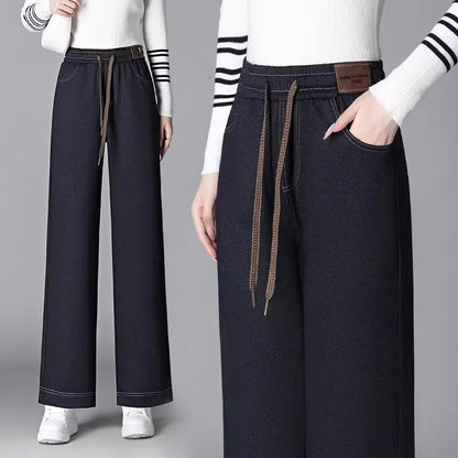 High Waist Thickened Fleece Lined Wide Leg Jeans Women's Casual Straight Cut Trousers Autumn Winter New Style Slimming Effect