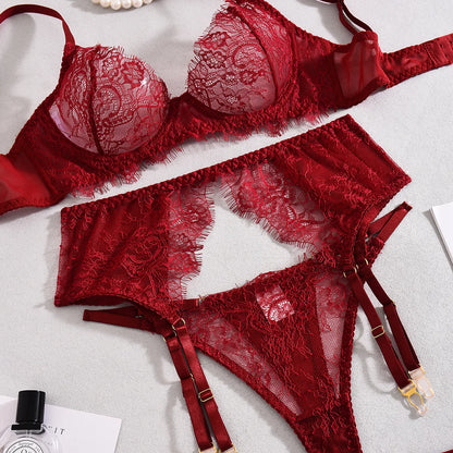 Ellolace Solid Lingeries Sexy Hot Elegant Bra Belt Thong 3PC with Leg Circles Cute Intimate Seductive Lace Tempted Underwear