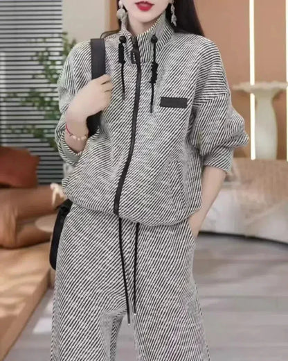 Fashion Casual Striped Top Sports Two-piece Set for Women's Spring and Autumn New Style Loose and Slim Wide Leg Pants Set