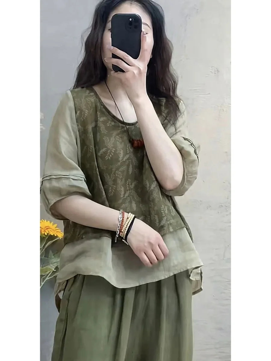 Faionable Cotton Linen Set Women's Summer New Print Patchwork Fake Two-Piece Top Harlan Pants Slimming Two-Piece Set