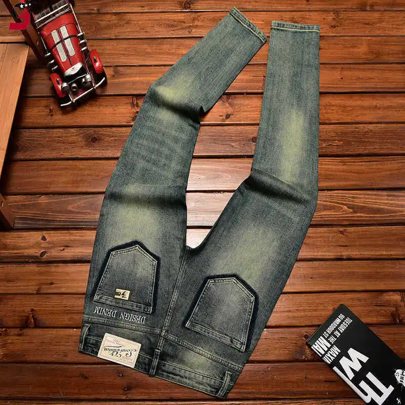 2026 Retro Nostalgic Jeans Men's Embroidered Print Spring and Autumn Men's Clothing Elastic Slimming Small Foot Trendy Pants